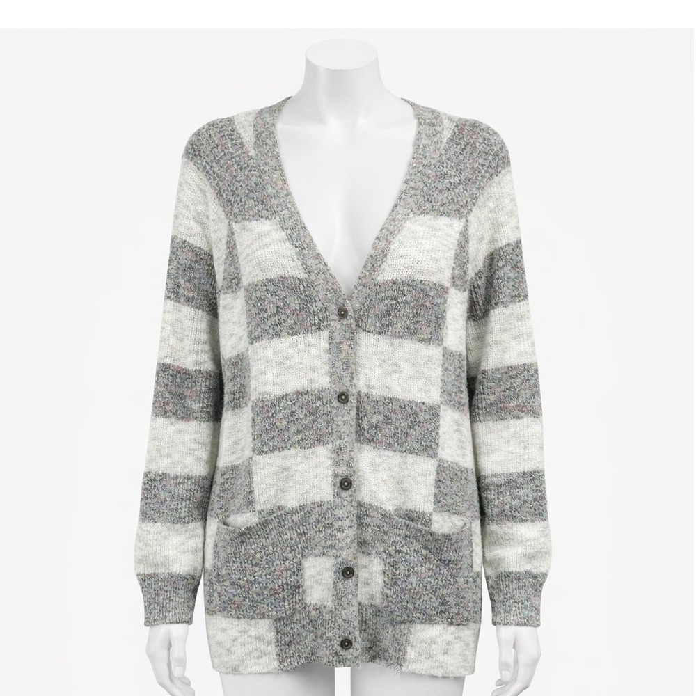 Desigual Longline Combined Knit Cardigan Sweater Women's Medium Gray Stripe